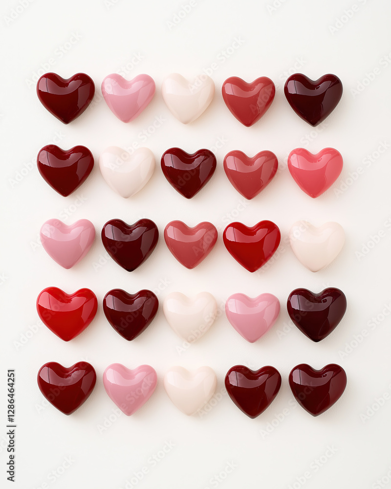 Glossy heart-shaped objects in red, pink, and burgundy arranged in a grid pattern on a white background Glossy heart-shaped objects in red, pink, and burgundy arranged in a grid pattern on a white background