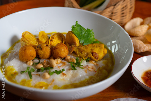 Bubur ayam, a traditional Indonesian food. Rice porridge with sliced chicken, rolled omelette, peanut, sambal (chili sauce), and kerupuk (crackers), poured with curry sauce. Served on wooden table photo