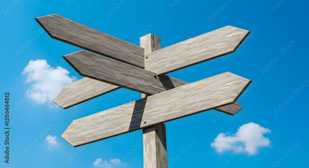 Fototapeta premium Gray directional sign with blank panels extends against a vibrant blue sky dotted with fluffy white clouds.