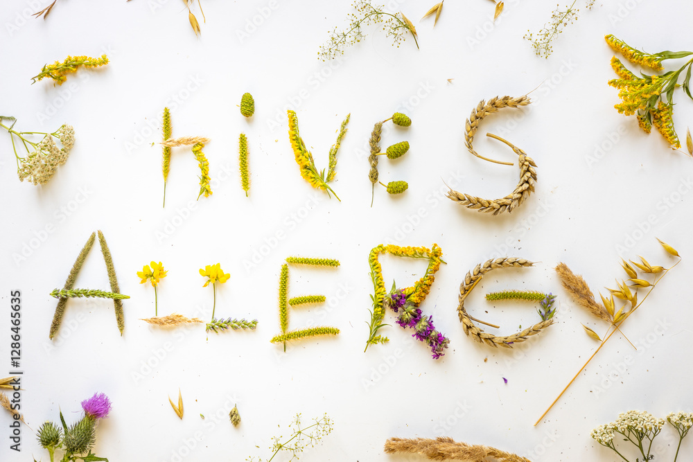 The word hives allergy composed of allergenic plants. Concept of pollen and grass allergy, skin rash and itching. Light background,