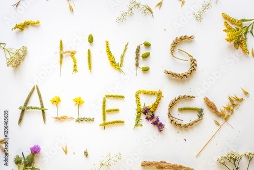 Obraz na płótnie The word hives allergy composed of allergenic plants. Concept of pollen and grass allergy, skin rash and itching. Light background, w salonie