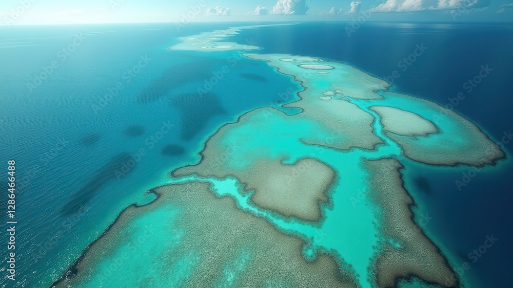 Fototapeta premium Aerial view of coral bleaching in tropical reef with clear blue ocean and cloudy sky