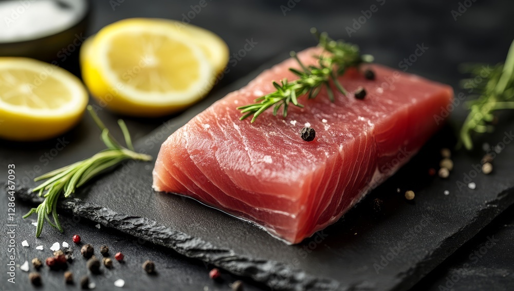 A raw tuna fillet on a slate board, accompanied by lemon slices and rosemary leaves, against a dark background. Captured in high-resolution photography, this stock photo features professional color gr A raw tuna fillet on a slate board, accompanied by lemon slices and rosemary leaves, against a dark background. Captured in high-resolution photography, this stock photo features professional color gr