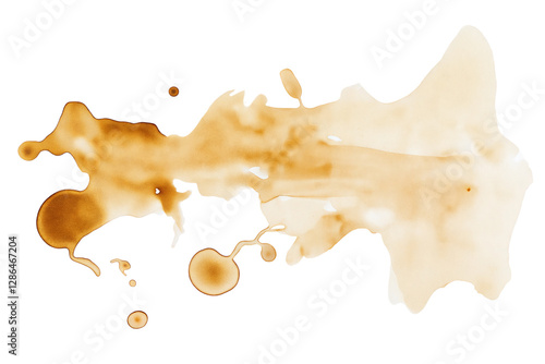 Abstract coffee stains and splashes in various shapes and sizes, creating a textured pattern, isolated on white background