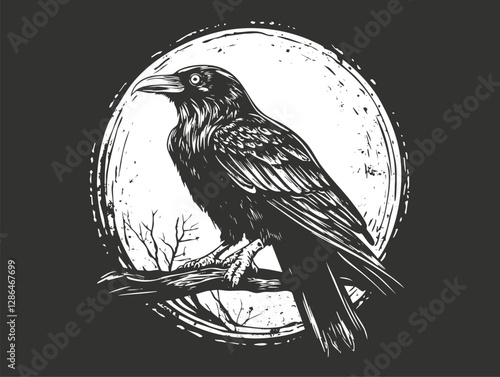 Monochrome illustration of a raven perched on a branch with a moon backdrop.