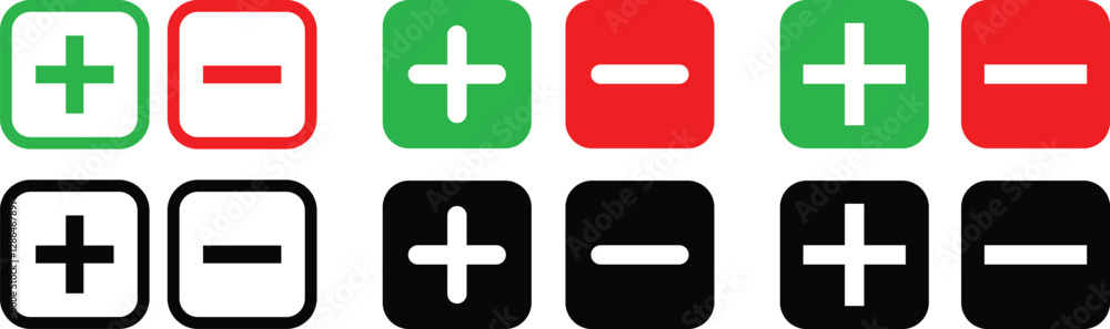 Add and Subtract Icons. Set of plus and minus symbols in circular and square shapes, positive and negative signs, vector icons, geometric symbols for math, web, and UI design elements Add and Subtract Icons. Set of plus and minus symbols in circular and square shapes, positive and negative signs, vector icons, geometric symbols for math, web, and UI design elements