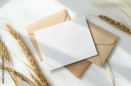 Blank note card, envelopes, wheat stalks on white background. Potential use Mockup for branding