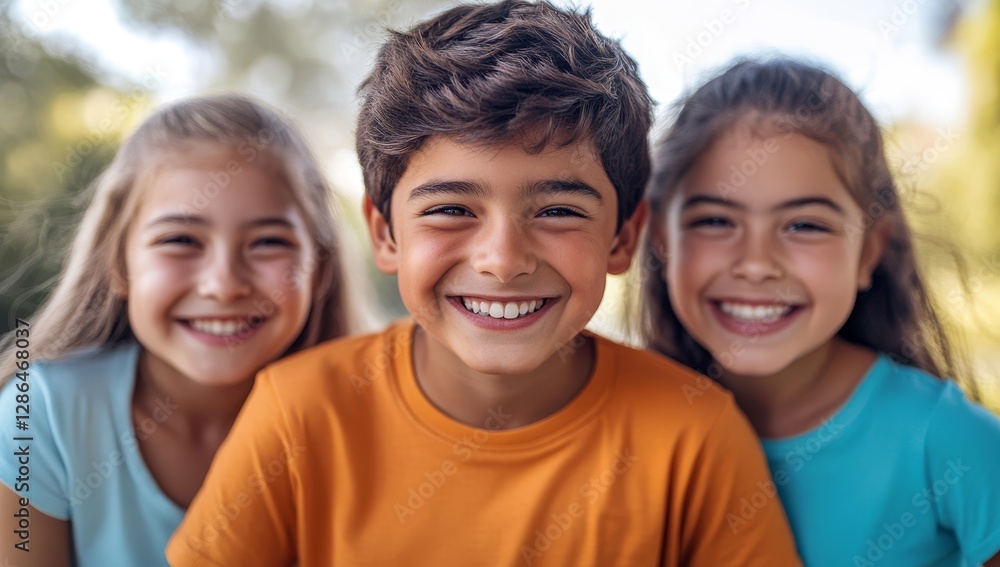 Three happy children are smiling and posing together outdoors, in a close-up portrait with the focus on the boy in the center of the frame wearing an orange T-shirt and having dark hair. His two femal Three happy children are smiling and posing together outdoors, in a close-up portrait with the focus on the boy in the center of the frame wearing an orange T-shirt and having dark hair. His two femal