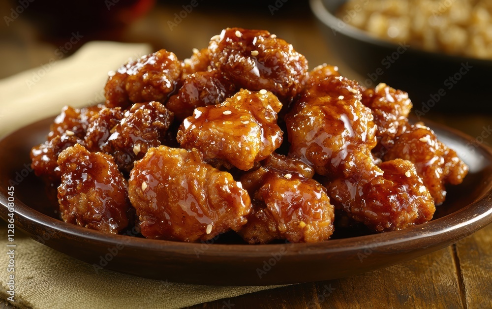 Asian-style fried chicken tossed in a sticky soy glaze on a rich brown background Asian-style fried chicken tossed in a sticky soy glaze on a rich brown background
