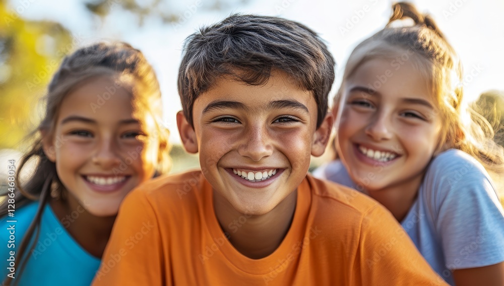 Three happy children are smiling and posing together outdoors, in a close-up portrait with the focus on the boy in the center of the frame wearing an orange T-shirt and having dark hair. His two femal Three happy children are smiling and posing together outdoors, in a close-up portrait with the focus on the boy in the center of the frame wearing an orange T-shirt and having dark hair. His two femal