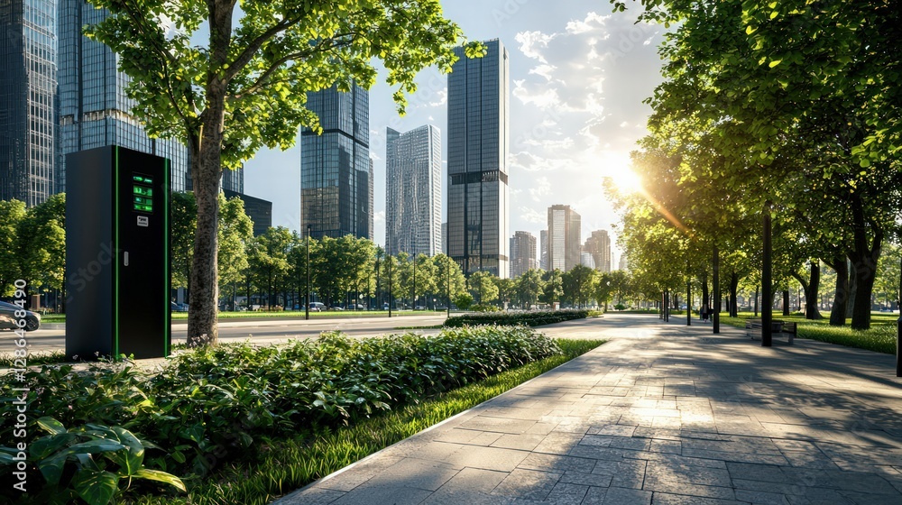Urban Landscape with Modern Skyscrapers and Sunlit Pathway in an Eco-Friendly City