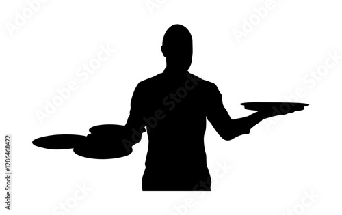 A waiter stands with a bottle of wine and a train in his hand, vector.