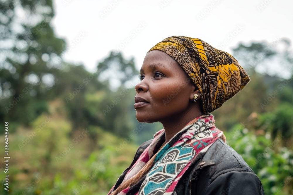 Fototapeta premium A portrait of a woman in her late thirties, wearing traditional and a headscarf with vibrant colors, standing outdoors against the backdrop of lush greenery or a forested area.