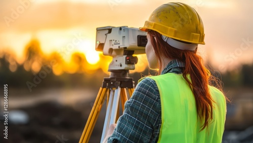 A female land surveyor using the digital total station on site, with red hair, wearing a yellow safety helmet and green vest, in the golden hour lighting, with a construction background, in a photorea