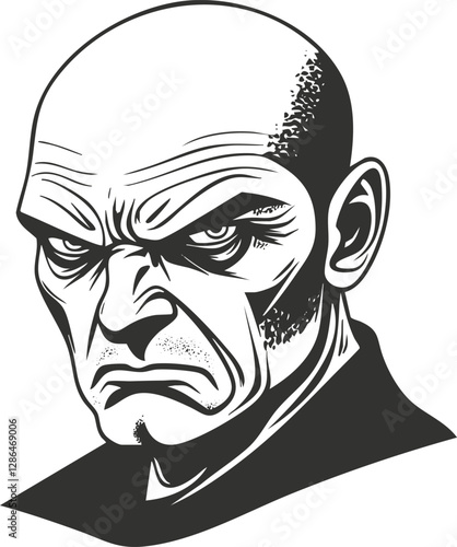 Cartoon illustration of an angry bald man with intense expression.