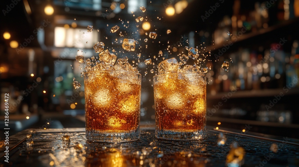 Two cocktails with ice cubes splashing on a bar counter at night Two cocktails with ice cubes splashing on a bar counter at night