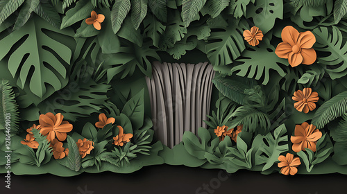 Paper cut spring flowers and leaves Fresh spring nature background. Floral with leaves cut of paper Flower paper style, colorful rose, paper craft floral