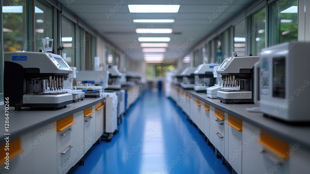 A clean and sterile hospital lab with automated diagnostic machines processing medical samples A clean and sterile hospital lab with automated diagnostic machines processing medical samples