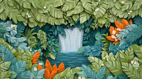 Paper cut spring flowers and leaves Fresh spring nature background. Floral with leaves cut of paper Flower paper style, colorful rose, paper craft floral