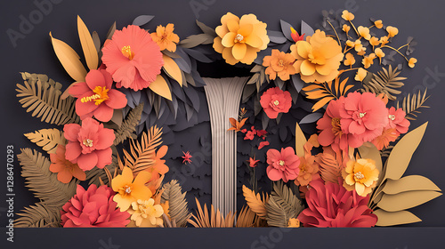 Paper cut spring flowers and leaves Fresh spring nature background. Floral with leaves cut of paper Flower paper style, colorful rose, paper craft floral