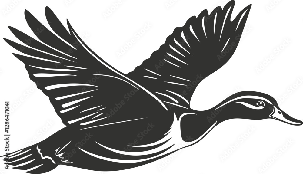 Fototapeta premium Silhouette of a flying duck in black and white vector illustration.
