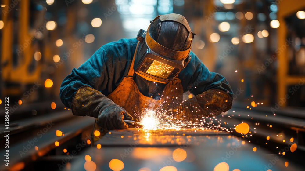 A factory worker using a welding torch to assemble heavy metal structures A factory worker using a welding torch to assemble heavy metal structures