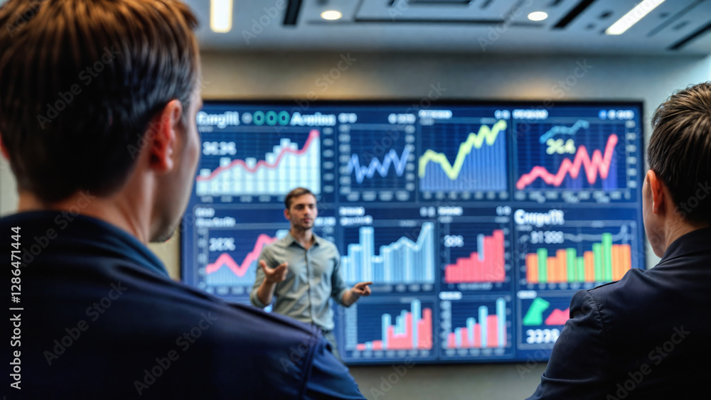 Financial analyst presents market trends and investment data on large dashboard screen. Corporate team examines digital charts, graphs and analytics for trading strategy and portfolio management. Financial analyst presents market trends and investment data on large dashboard screen. Corporate team examines digital charts, graphs and analytics for trading strategy and portfolio management.