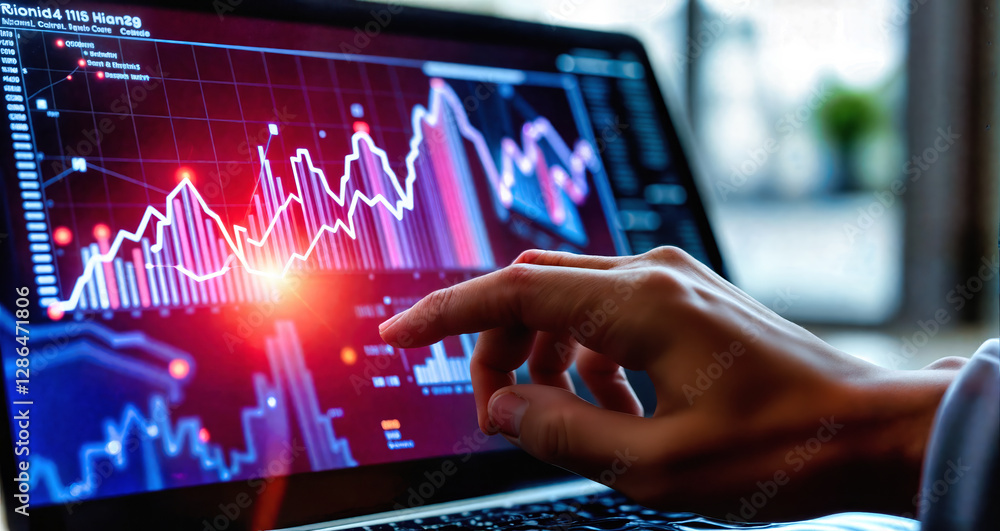Financial market analytics interface with neon glowing charts on touchscreen. Digital investment data visualization with performance metrics, economic trends and trading indicators on interactive Financial market analytics interface with neon glowing charts on touchscreen. Digital investment data visualization with performance metrics, economic trends and trading indicators on interactive