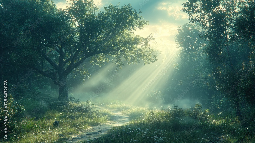 Sun Rays Shining Through Forest Trees on Misty Morning Path Sun Rays Shining Through Forest Trees on Misty Morning Path