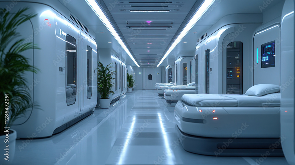 Obraz premium A futuristic hospital designed with automated cleaning robots, air-purifying systems, and smart temperature control