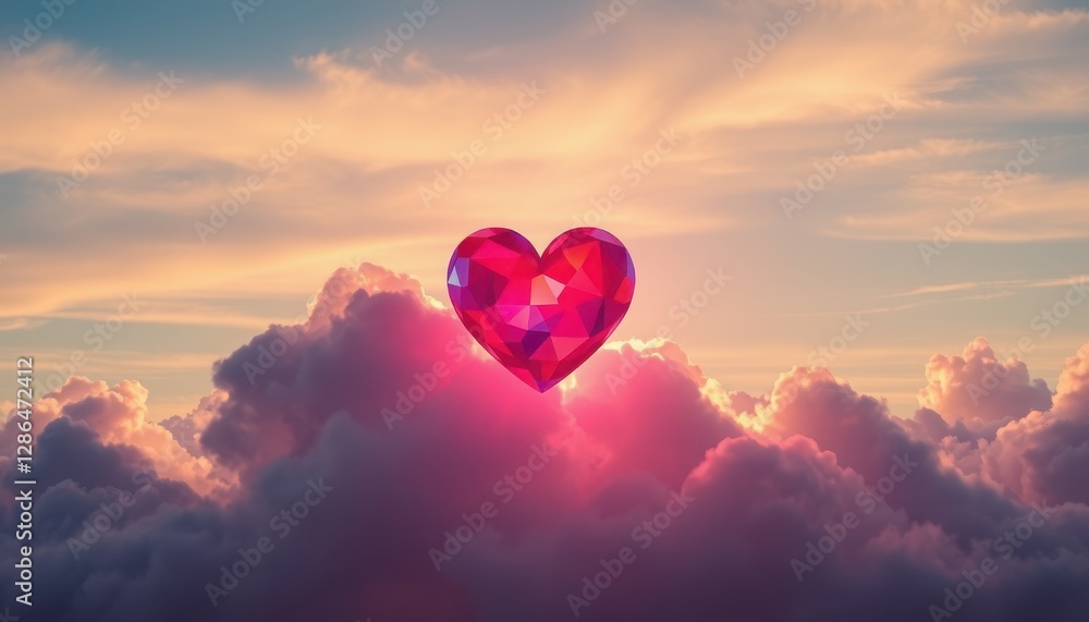 Fototapeta premium A radiant heart-shaped gem hovers among fluffy clouds, illuminated by the warm hues of sunset. The tranquil scene evokes feelings of love and serenity, captivating all who gaze upon it