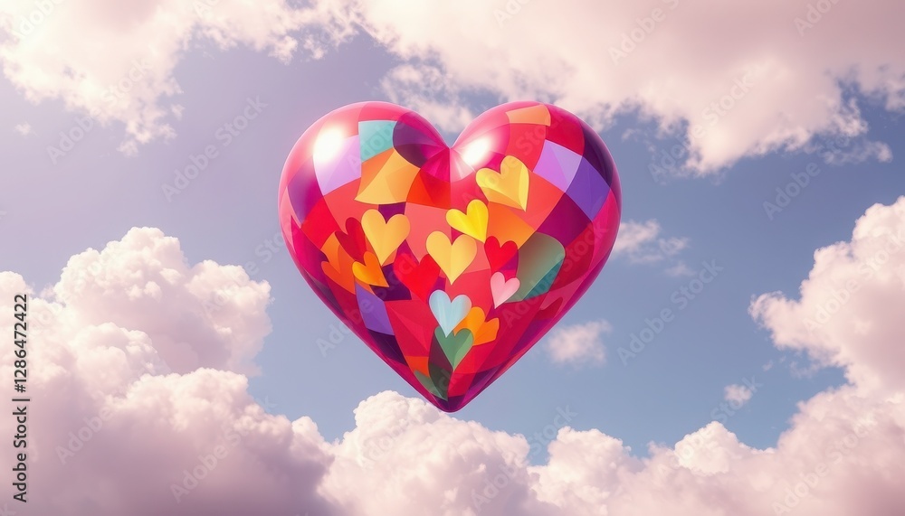 Fototapeta premium A vibrant heart adorned with multiple colorful hearts drifts gracefully through a serene sky filled with fluffy white clouds, radiating warmth and affection