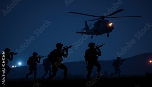 Groups of soldiers move with precision in a dark landscape, their silhouettes outlined against the night sky as a helicopter hovers nearby, creating an atmosphere of urgency and coordination