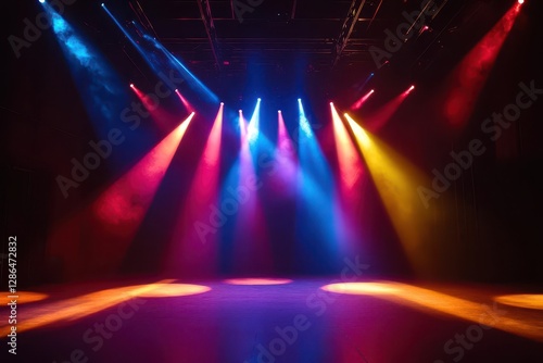 a dramatic theater lighting setup with multiple led spotlights creating intersecting beams through atmospheric haze deep shadows and vibrant colors casting dramatic patterns photo