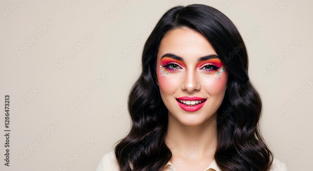 Woman with Glamorous Makeup and Rhinestones Smiling in Studio Portrait Woman with Glamorous Makeup and Rhinestones Smiling in Studio Portrait