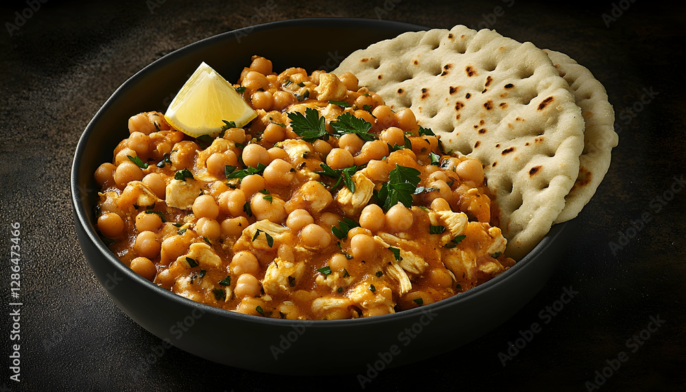 Photo, Chicken Chickpea Curry Lemon Flatbread Garnish Dinner Meal Cuisine Photo, Chicken Chickpea Curry Lemon Flatbread Garnish Dinner Meal Cuisine