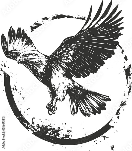 Black and white eagle illustration with wings spread inside a circle.