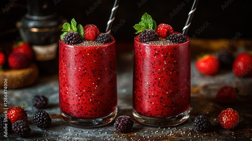 Two glasses of vibrant berry smoothie with chia seeds, garnished with mint and berries, on a dark rustic table with more berries Two glasses of vibrant berry smoothie with chia seeds, garnished with mint and berries, on a dark rustic table with more berries