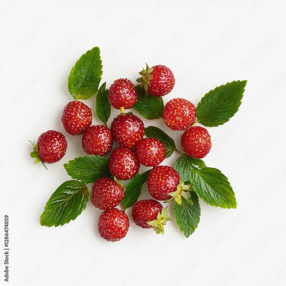 Fresh strawberries with green leaves and bright red surface isolated on white Fresh strawberries with green leaves and bright red surface isolated on white