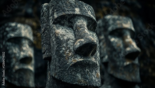A close-up of stone Easter Island head statues with a dark background, creating an eerie and mysterious atmosphere. 