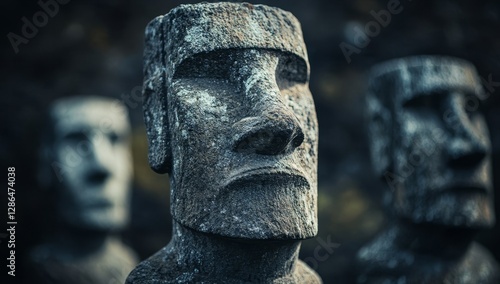 A close-up of stone Easter Island head statues with a dark background, creating an eerie and mysterious atmosphere. 