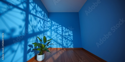 Sunlit Minimalist Interior: A single, vibrant green plant in a minimalist white pot stands elegantly in a sun-drenched room against a textured wall. The sunlight casts a warm shadow. natural glow