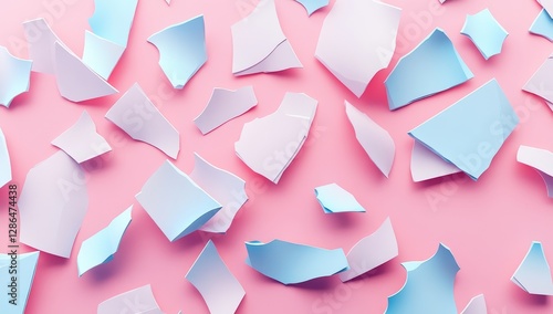 3D isometric, pastel-colored, broken pieces of paper on a pink background.