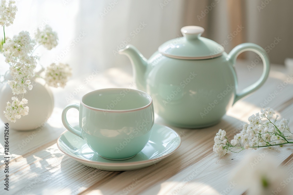 Serene tea time setting with mint green pottery and delicate flowers adorning a sunlit wooden table Serene tea time setting with mint green pottery and delicate flowers adorning a sunlit wooden table