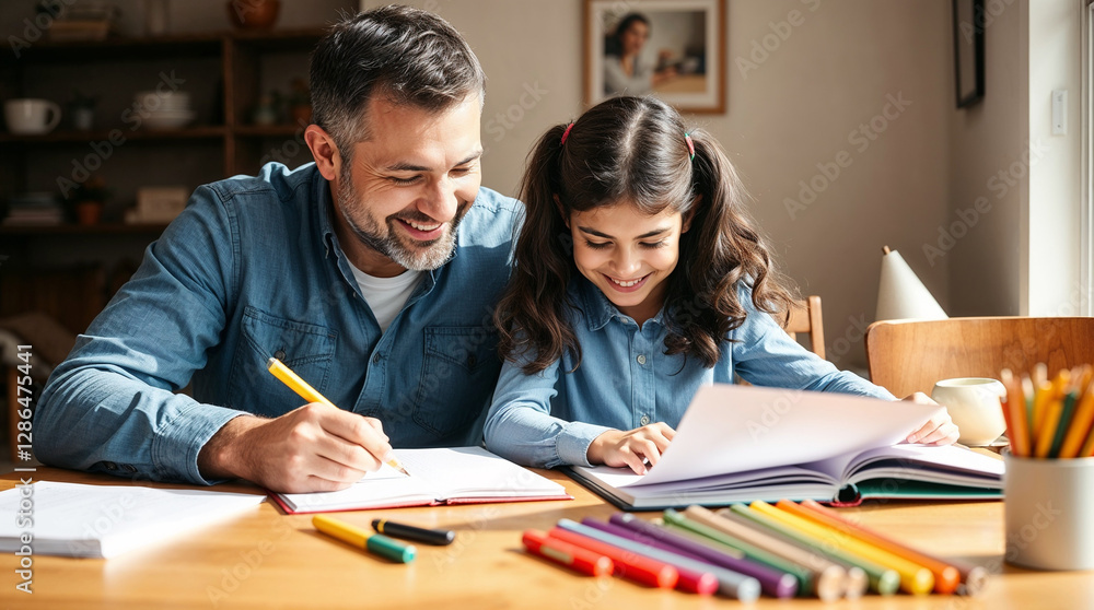 happy schoolgirl with father doing homework happy schoolgirl with father doing homework