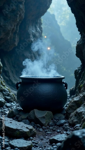 A large, steaming dark cauldron in the center of a rocky cave, surrounded by deep shadows and dim lights, with wisps of mist rise from the bubbling liquid.