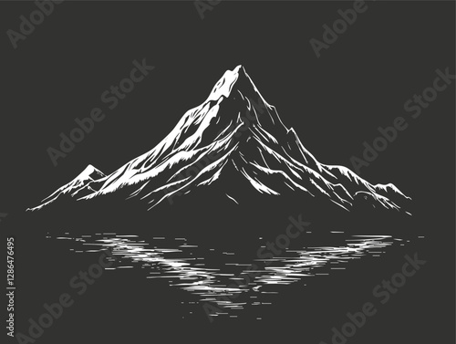 Monochrome illustration of a mountain with water reflection on black background.