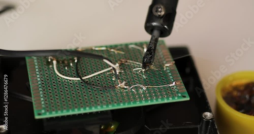 electronics process soldering microcircuits printed circuit board close-up soldering components ensures development work solder and microcircuits. Engineering work electronics