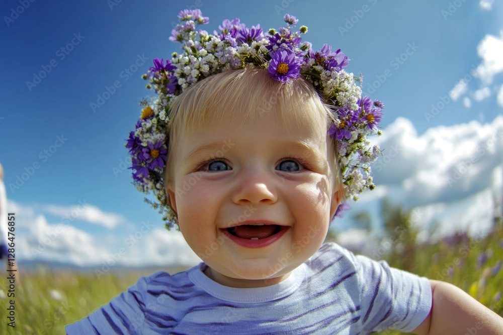 Happy warm season holidays idea. Happy caucasian infant boy with blond hair wearing purple flower circlet on his head. Sunny daylight. Happy child in summer. Flower-adorned child in nature. Happy warm season holidays idea. Happy caucasian infant boy with blond hair wearing purple flower circlet on his head. Sunny daylight. Happy child in summer. Flower-adorned child in nature.