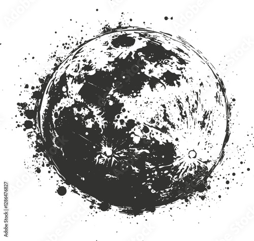 Ink illustration of the moon with artistic splatter effects.